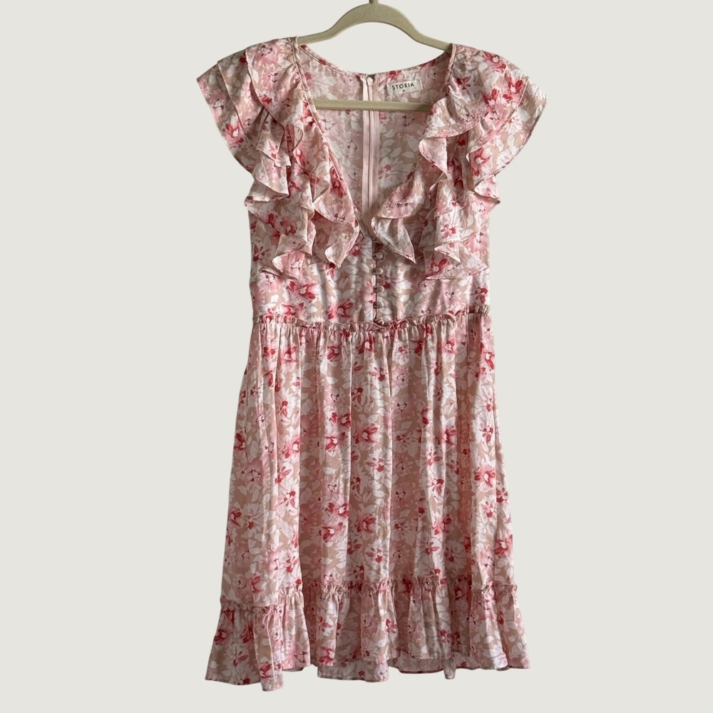 Storia Pink Floral Ruffle Coquette Cottagecore Romantic Women's Prairie Dress M